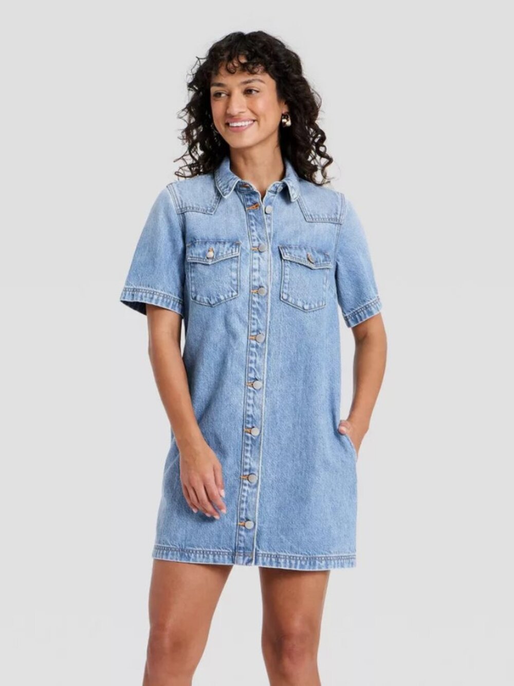 Women's Short Sleeve Denim Mini Shirtdress - Universal Thread Medium Wash S